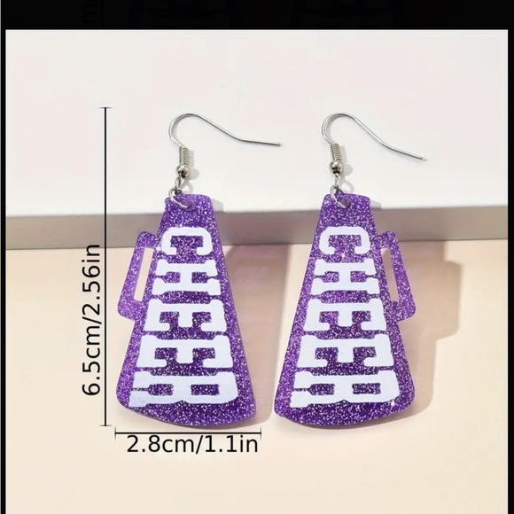 Red Glitter and White CHEER Megaphone Drop Earrings - Picture 5 of 6